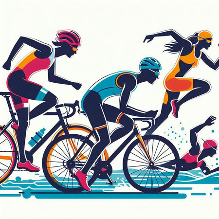 Group of cyclists in action, vector illustration. Sport and healthy lifestyle.のイラスト素材