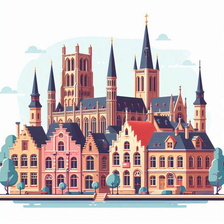 Bruges, Belgium, Europe. Old european city. Vector illustrationのイラスト素材