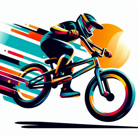 Cyclist in action, vector illustration. Colorful background.のイラスト素材