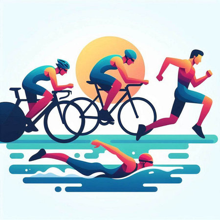 Vector illustration of triathlon competition. Group of triathletes running in water.のイラスト素材