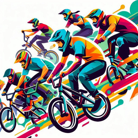 Cyclists riding on a bicycle. Colorful vector illustration.のイラスト素材