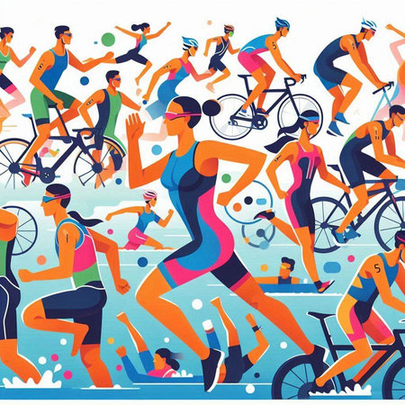 Cyclists, men and women running on the beach, vector illustrationのイラスト素材