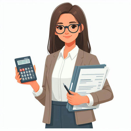Young business woman with calculator and documents. Vector illustration in cartoon styleのイラスト素材