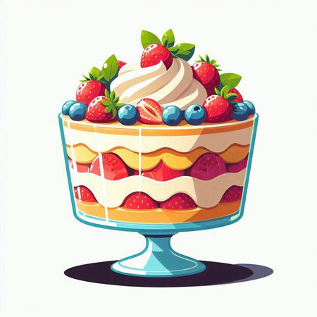 Cake with strawberries, blueberries and whipped cream. Vector illustration.のイラスト素材
