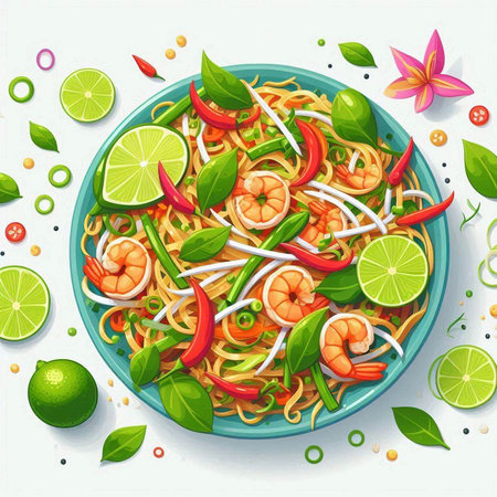Noodles with shrimps and lime. Vector illustration.のイラスト素材