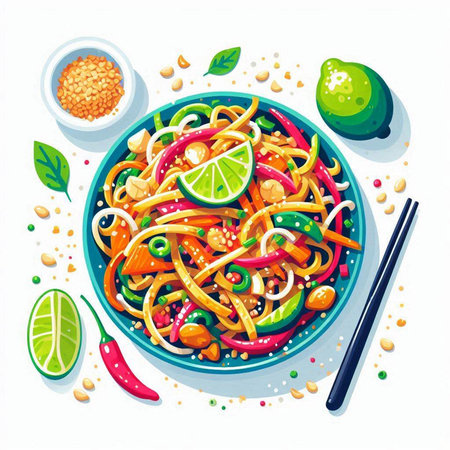 Illustration of a bowl of chinese noodles with vegetables and spicesのイラスト素材