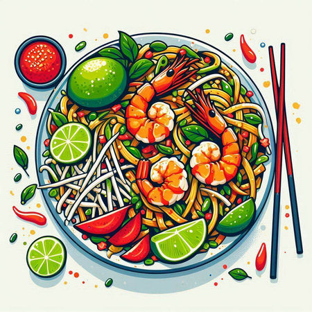 Noodles with shrimps, prawns and lime. Vector illustration.のイラスト素材
