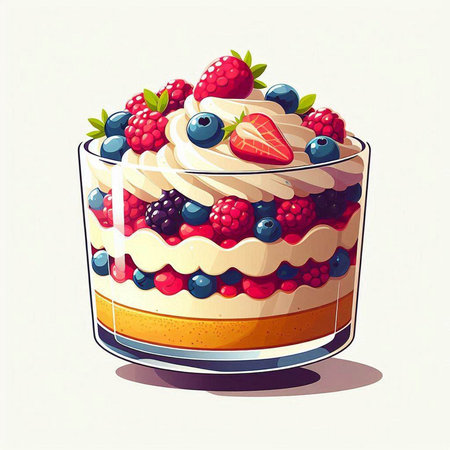 Cake with cream and berries in a glass. Vector illustration.のイラスト素材