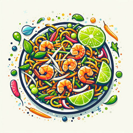 Noodles with shrimps and vegetables. Vector illustration.のイラスト素材