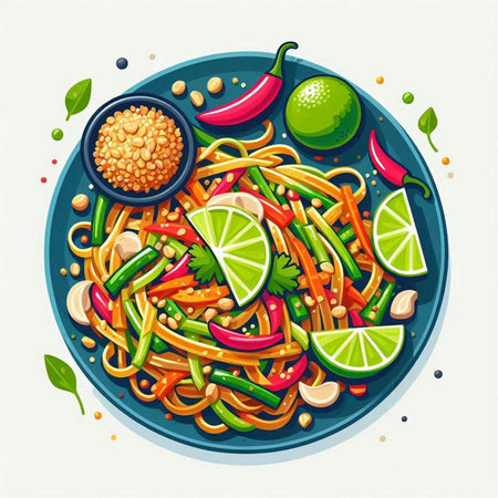 Noodles with vegetables and spices in a plate. Vector illustration.のイラスト素材