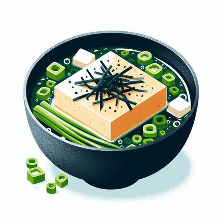 Illustration of a Japanese miso soup with tofu and seaweedのイラスト素材