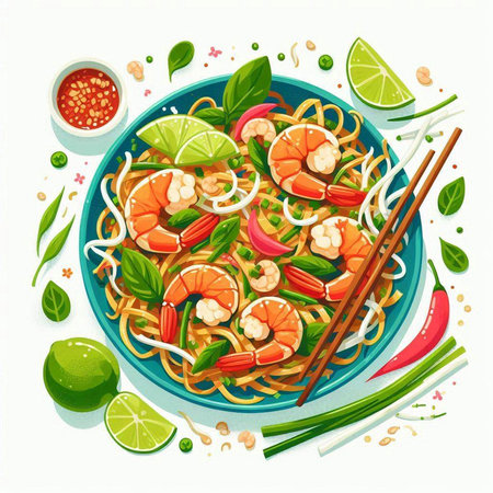 Noodles with shrimps, prawns and lime. Vector illustration.のイラスト素材