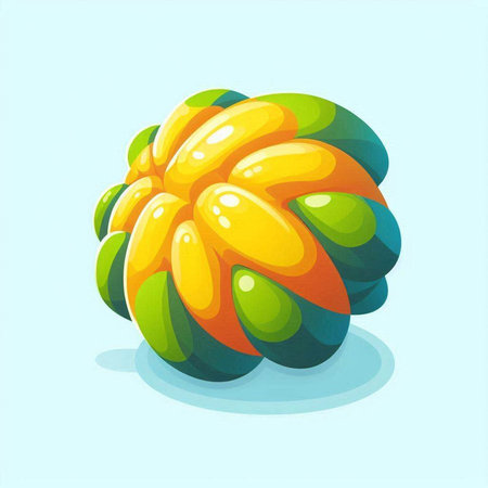 Illustration of an abstract orange and green flower on a blue backgroundのイラスト素材