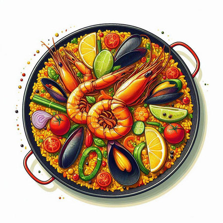 Illustration of paella dish with prawns, mussels, tomatoes and lemonのイラスト素材