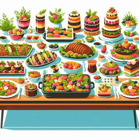 Illustration of a table full of food on a white background.のイラスト素材