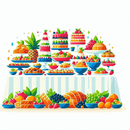 Fruit buffet. Vector illustration in cartoon style on white background.のイラスト素材