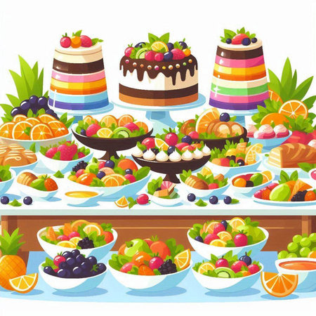 Fruit buffet. Vector cartoon illustration of a fruit buffet in a restaurant.のイラスト素材