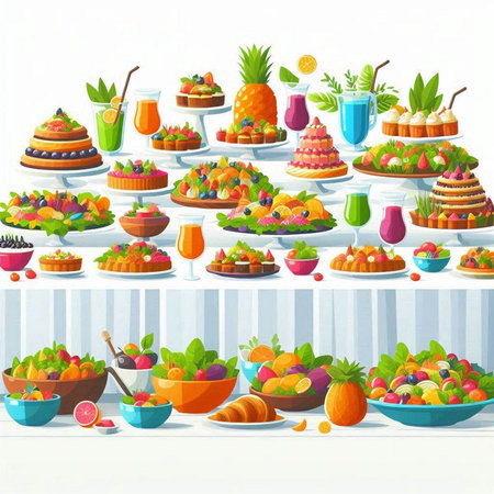 Fruit and berry dessert table set. Vector illustration in cartoon styleのイラスト素材