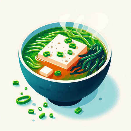 Illustration of a bowl of noodle soup with tofu and green beansのイラスト素材