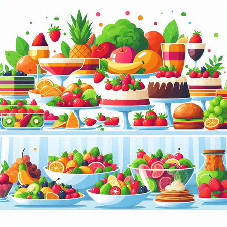 Fruit and berry buffet. Vector illustration in cartoon style.のイラスト素材