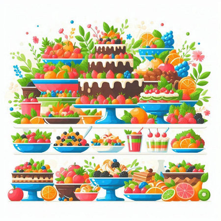Fruit and berry cakes on a plate. Vector illustration.のイラスト素材