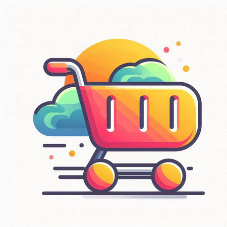 Shopping cart with cloud and sun. Vector illustration in flat styleのイラスト素材