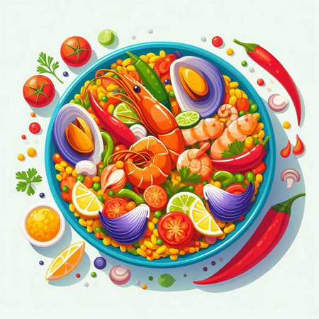 Seafood salad in a bowl with shrimps, mussels, prawns, tomatoes, onions, parsley and lemon. Vector illustrationのイラスト素材