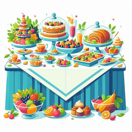 Dessert table with cakes, fruit and juice. Vector illustration.のイラスト素材