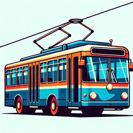Trolleybus in retro style on blue sky background. Vector illustration.のイラスト素材
