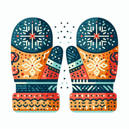 Winter mittens with snowflakes. Vector illustration in flat style.のイラスト素材