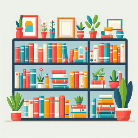 Bookshelf with books and plants. Vector illustration in flat styleのイラスト素材