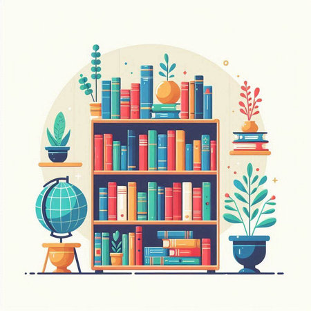 Bookshelf with books and decorations. Vector illustration in flat styleのイラスト素材