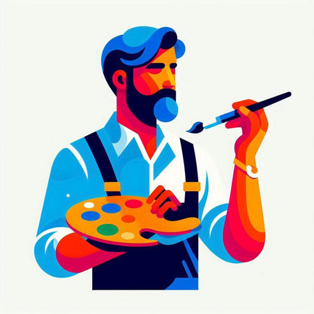 Painter in apron with palette and brush, flat vector illustrationのイラスト素材