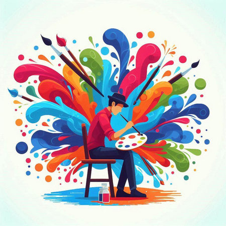 Artist painting with paintbrush and palette. Colorful paint splashes. Vector illustrationのイラスト素材