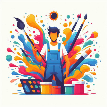 Painter man with paintbrushes and palette. Vector illustration.のイラスト素材