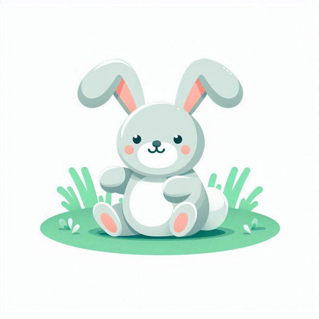 Cute cartoon rabbit sitting on the grass. Vector illustration isolated on white background.のイラスト素材