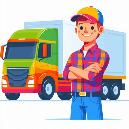 Delivery man standing in front of truck. Vector illustration in cartoon styleのイラスト素材