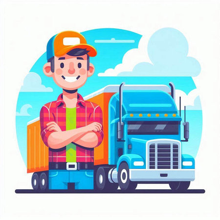 Courier man in uniform and cap standing with crossed arms near big truck. Vector illustrationのイラスト素材