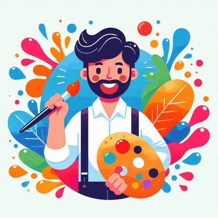 Artist with palette and brush in his hands. Flat style vector illustration.のイラスト素材