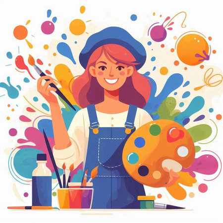 Artist woman painter with paint palette and brush. Vector illustration in cartoon styleのイラスト素材