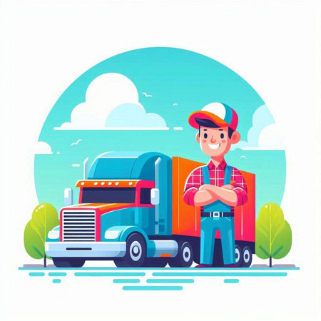 Truck driver flat vector illustration. Cartoon man in uniform standing near big truck. Transportation and shipping conceptのイラスト素材