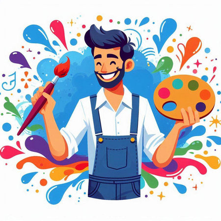 Cartoon artist with paintbrush and palette on colorful background. Vector illustrationのイラスト素材