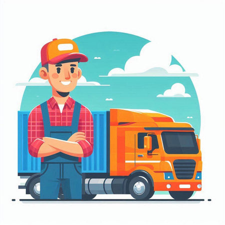 Delivery man standing in front of truck. Vector illustration in flat styleのイラスト素材