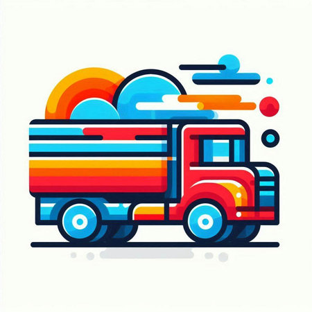Colorful truck with clouds and sun. Vector illustration in flat styleのイラスト素材