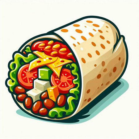 Illustration of a colorful tortilla wrap with cheese and vegetables.のイラスト素材
