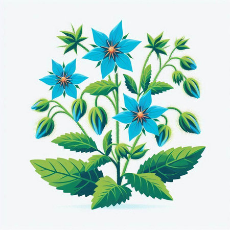 Borage flowers and leaves on white background. Vector illustration. Eps 10.のイラスト素材