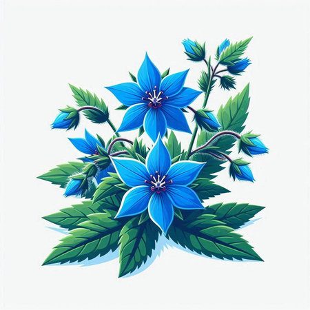 Bouquet of blue flowers with green leaves. Vector illustration.のイラスト素材