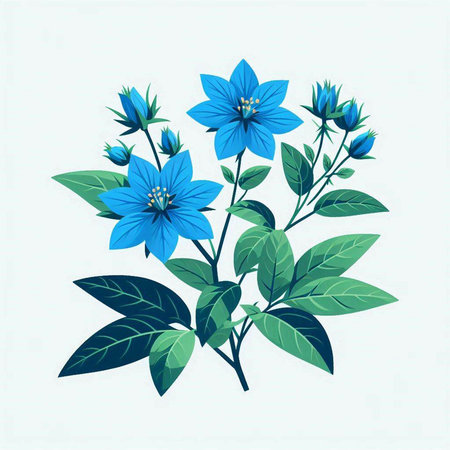 Illustration of blue flowers with green leaves on a white background.のイラスト素材