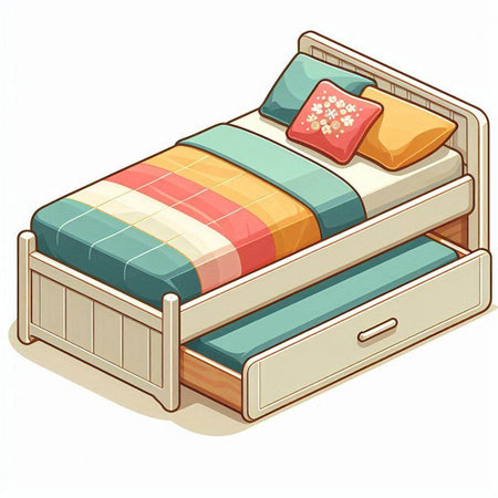 Illustration of a wooden double bed with pillows on a white backgroundのイラスト素材