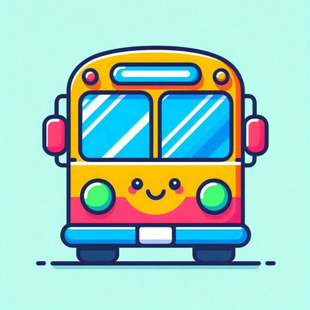 Cute cartoon school bus. Vector illustration isolated on blue background.のイラスト素材